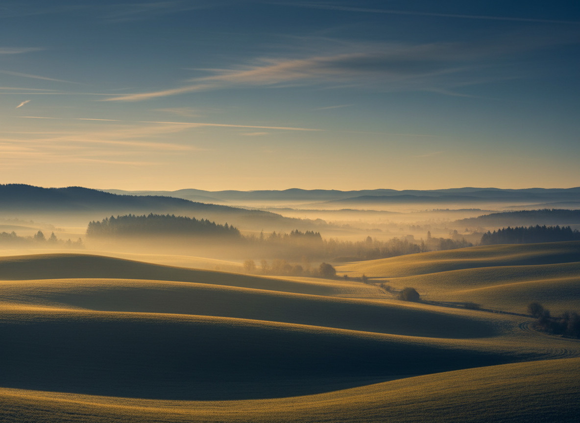 Abstract wide landscape of a peaceful Slovenian rural valley at golden hour, rolling green hills, soft blue sky, distant tree line, misty atmosphere.